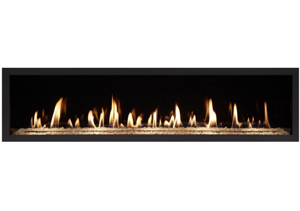 Narrow gas fireplace with flames on a black background - Lopi Fireplaces Australia
