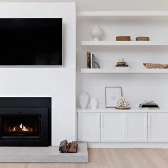 Flush wood inbuilt medium fireplaces in white wall - Lopi Fireplaces Australia