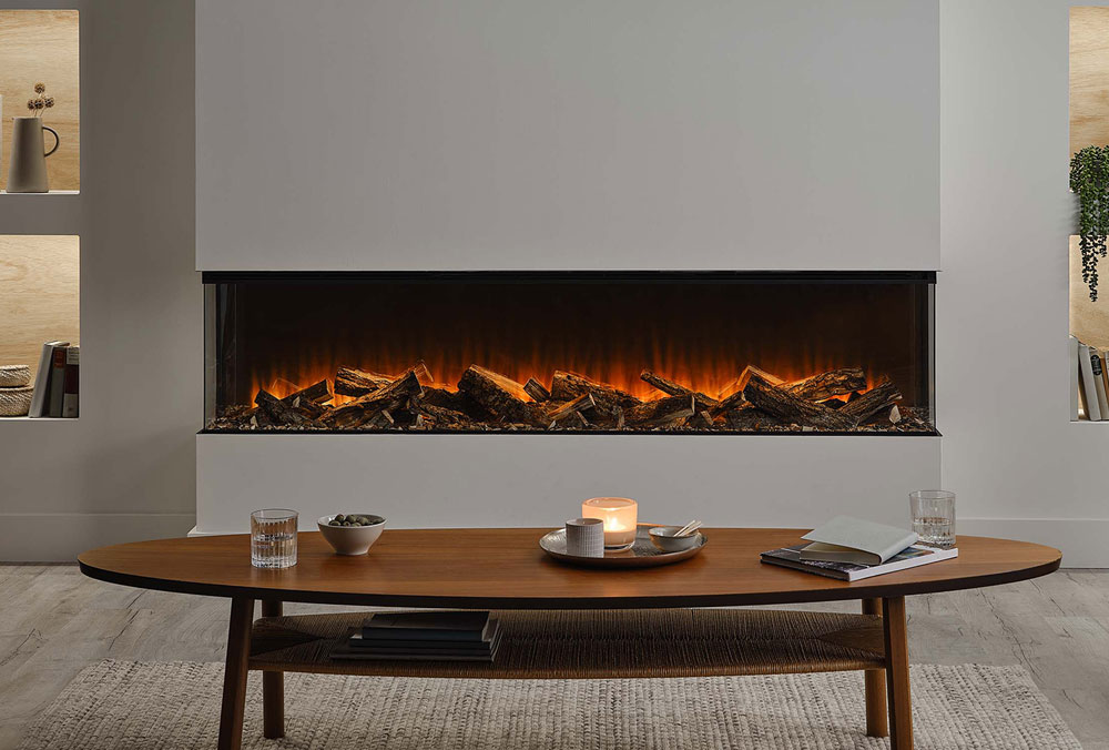 An image of an electric fireplace with a modern design and glowing flames.