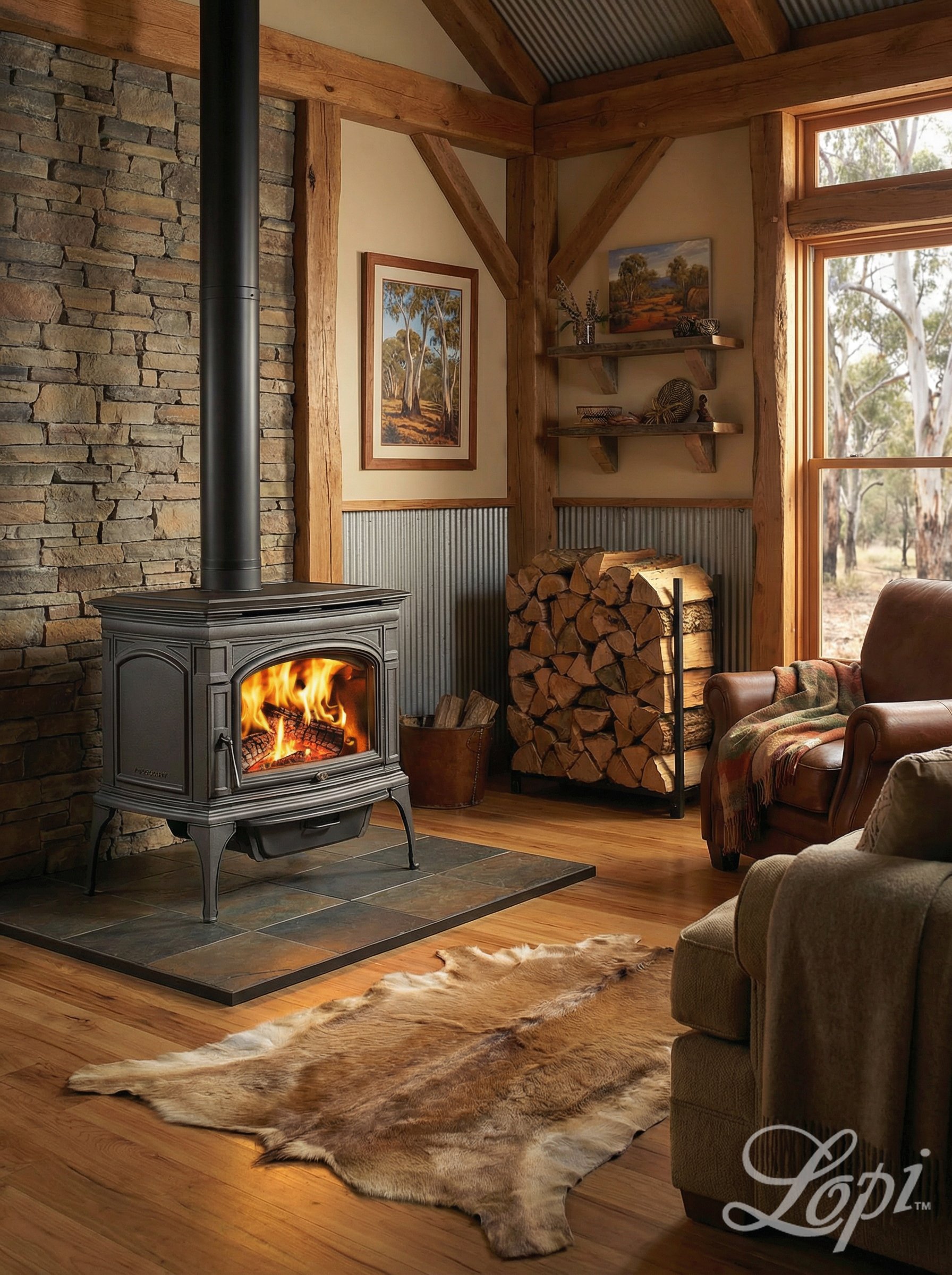 Lopi Rockport wood fireplace — premium wood heater Australia